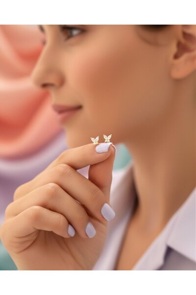 İNDİGO TAKI Minik Mekik Taşlı Kelebek 14 Ayar Altın Küpe