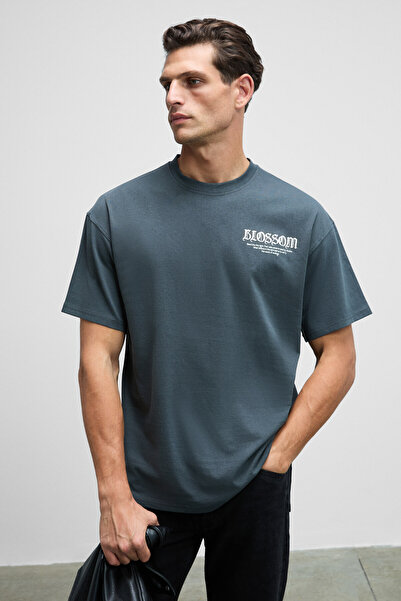 GRIMELANGE Vortex Men's Embroidered Chest and Printed Back 100% Organic Cotton Oversize Fit Crew Neck Anthracite T-Shirt