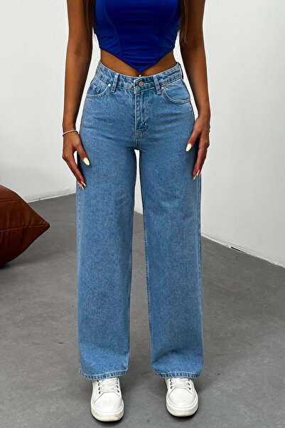 BİKELİFE Dámské modré džínové kalhoty s vysokým pasem a širokými nohavicemi