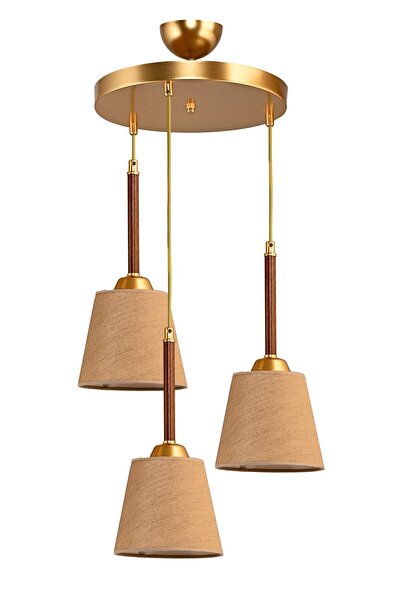 DEDE Üçlü Tepsili Sarkıt Avize Ceviz Gold Abajur Şapkalı