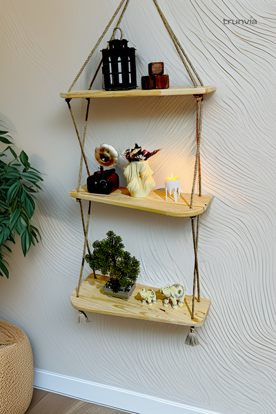 trunvia Ahşap Dekoratif Oval Tasarım 3'lü Raf Seti - Hasır İpli Dekoratif Duv...