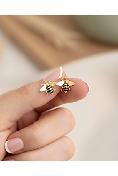 İNDİGO TAKI Mineli Arı 14 Ayar Altın Küpe