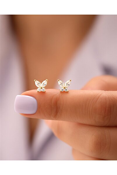 İNDİGO TAKI Minik Mekik Taşlı Kelebek 14 Ayar Altın Küpe