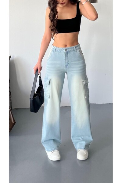 BİKELİFE Vintage-Cargohose mit hohem Bund und weitem Bein für Damen mit verblasstem Effekt