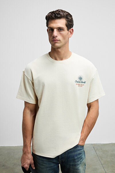 GRIMELANGE Oniric Men's Chest and Back Printed 100% Organic Cotton Oversize Fit Crew Neck Cream T-Shirt