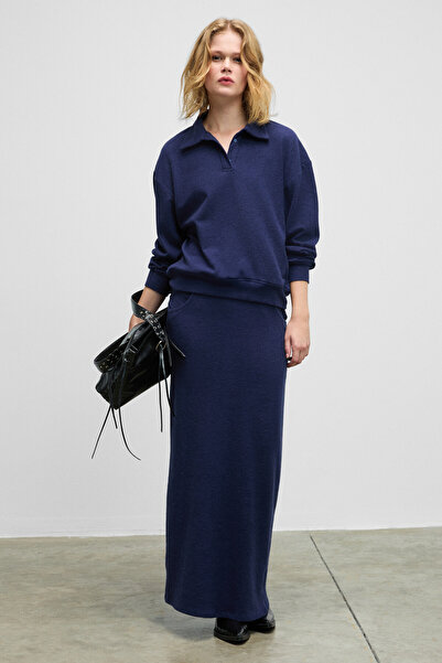 GRIMELANGE Silken Women's Soft and Flexible Fabric Polo Collar Navy Blue Sweatshirt