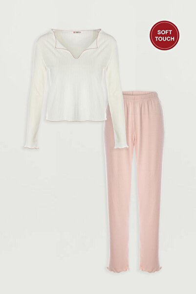 koza iç giyim طقم بيجامة نسائي بأكمام طويلة من Soft Touch قماش مجدّل