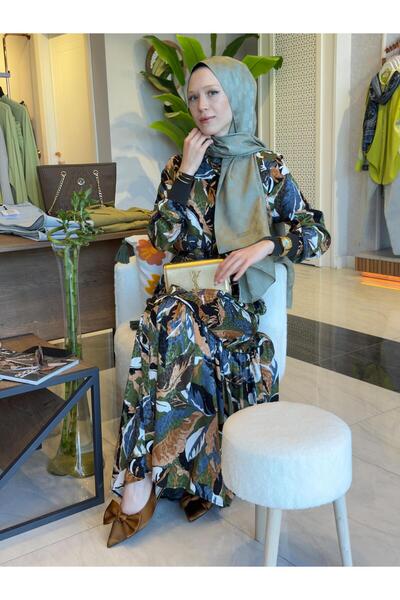 Tığ Triko Manşetleri Ribanalı Önden Gizli Patlı Elbise - Haki