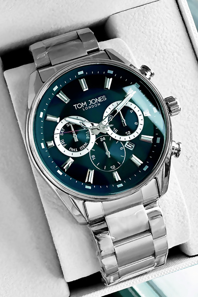 Tom Jones ساعة اليد الأصلية 3 Atm مقاومة للماء باللون الفضي وسوار فولاذي Gtje...