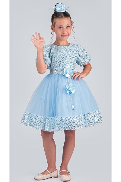 Mnk Baby&Kids Kız Çocuk Etek Ucu Pullu Venna Abiye Elbise M00761 MAVİ