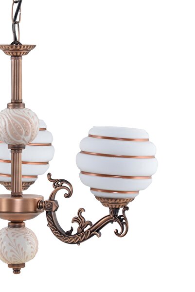 DEDE Üç Kollu Zamak Avize Bakır Krem Çinili Kahverengi Çizgili Beyaz Camlı