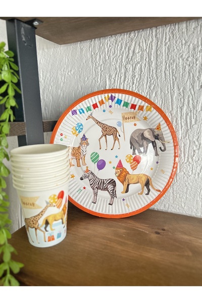 Partifabrik Parti Hayvanları Temalı Karton Tabak Bardak Set 8 tabak 8 bardak