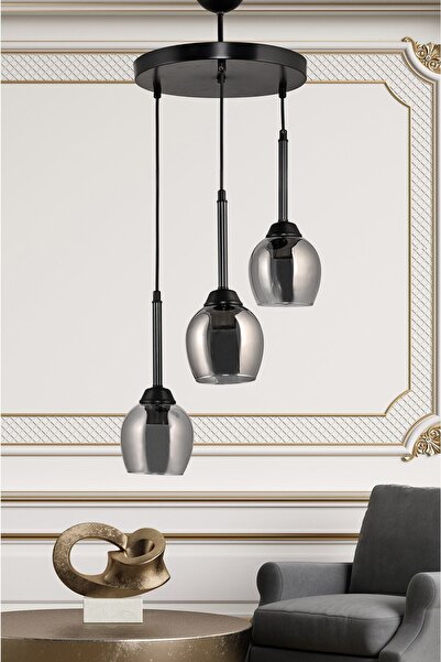 DEDE Üçlü Tepsili Sarkıt Avize Siyah Füme Çamlı