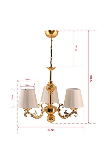 DEDE Üç Kollu Riga Zamak Avize Gold Abajur Şapkalı