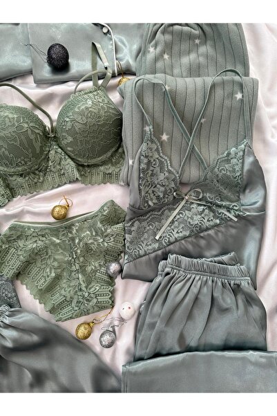 Lena Homewears Çağla Satin Boxed 10 Piece Giant Pajamas Nightgown Dressing Gown Lingerie Dowry Set