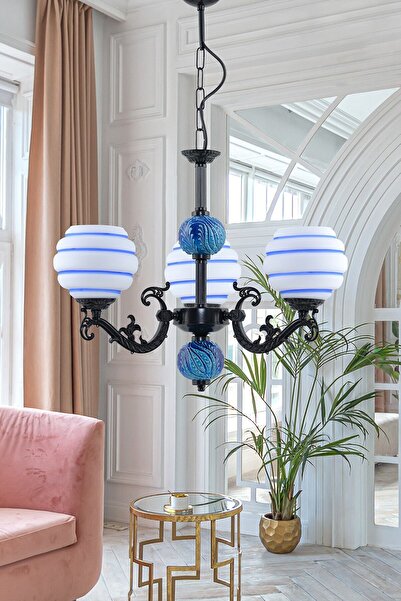 DEDE Üç Kollu Zamak Avize Siyah Mavi Çizgili Beyaz Camlı Mavi Çinili