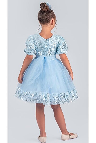 Mnk Baby&Kids Kız Çocuk Etek Ucu Pullu Venna Abiye Elbise M00761 MAVİ