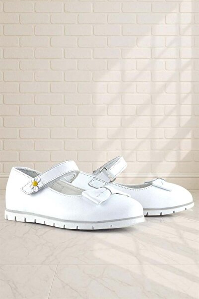 Rakerplus Genuine Leather White Daisy Detailed Velcro Girls' Ballerina Shoes