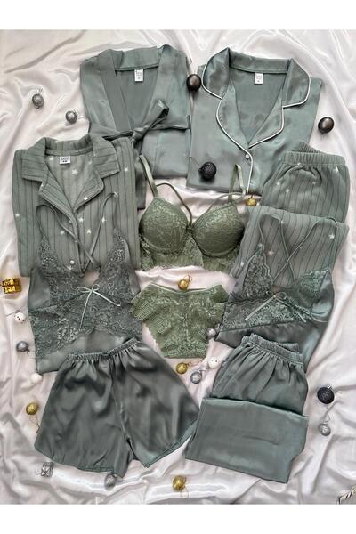 Lena Homewears Çağla Satin Boxed 10 Piece Giant Pajamas Nightgown Dressing Gown Lingerie Dowry Set