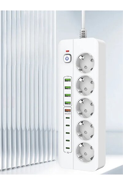 Enshall PRO P13 3000W Akım Korumalı 5 Girişli Type-c ve USB Girişli Uzatmalı Grup Priz