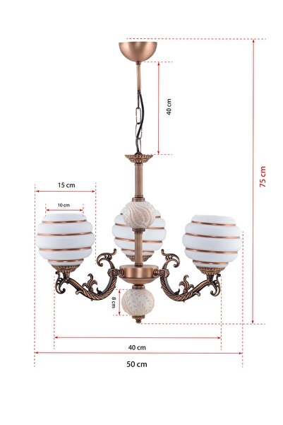 DEDE Üç Kollu Zamak Avize Bakır Krem Çinili Kahverengi Çizgili Beyaz Camlı