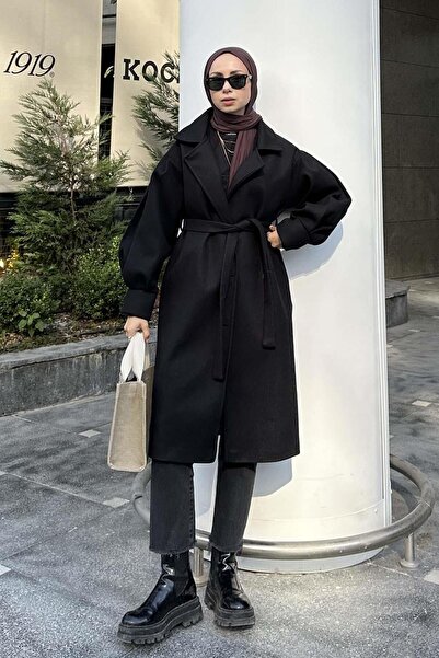 lamelif Black Knitted Stamp - Balloon Sleeve Coat