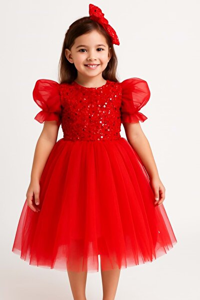 Mnk Baby&Kids Рокля туту с балон ръкав и пайети за момичета M00751 ЧЕРВЕНА