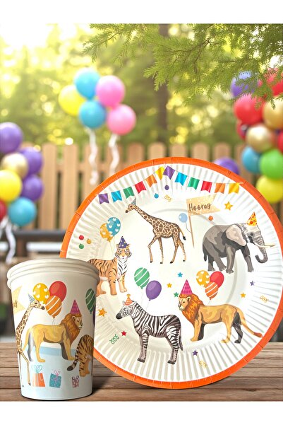 Partifabrik Parti Hayvanları Temalı Karton Tabak Bardak Set 8 tabak 8 bardak