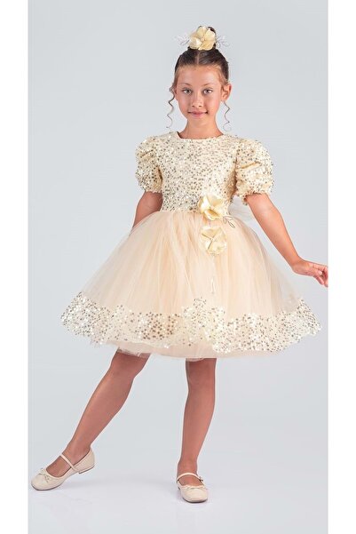 Mnk Baby&Kids Kız Çocuk Etek Ucu Pullu Venna Abiye Elbise M00761 SARI