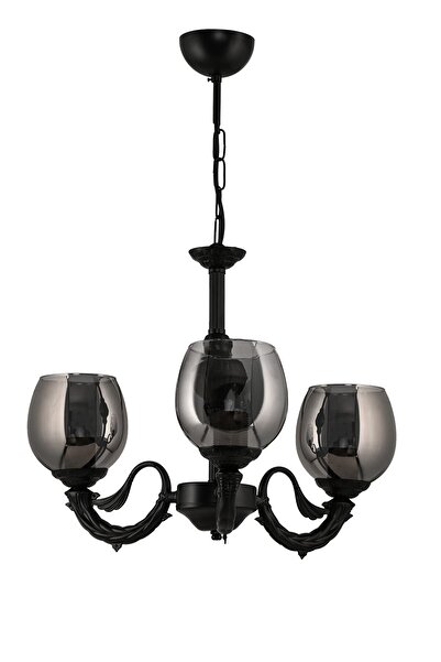 DEDE Üç Kollu Riga Zamak Avize Siyah Füme Camlı