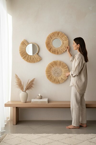 PearlHome Dekoratif Aynalı Duvar Süsü 3'lü Rafya Seti Ayna 40 cm