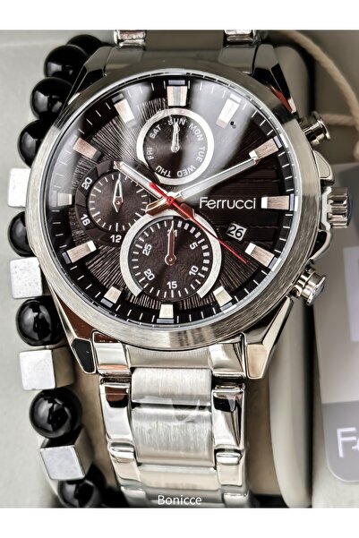 Ferrucci ساعة يد رجالية، لون أسود، سوار فولاذي، هدية مع سوار معصم