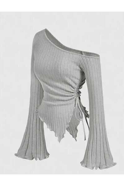 Lufthimm Stylish Off-Shoulder Top with Flexible Ruching and Lace-Up Design for Early Spring and Autumn