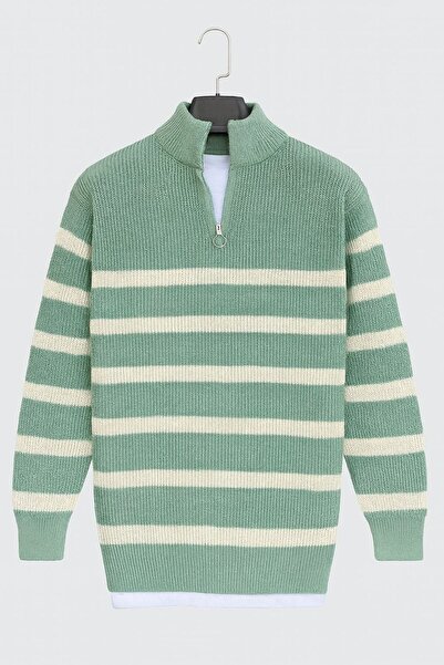 blucombin سترة تريكو رجالية مخططة بسحاب نصفي