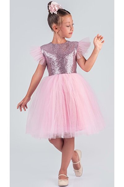 Mnk Baby&Kids Rochie KPL pentru fete din tul MNK0526 ROZ ÎNCHIS