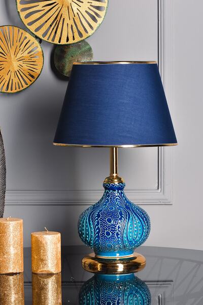 Genel Markalar Light Patara Çini Detaylı Seramik Abajur - Mavi Şapka / Gold Ayak