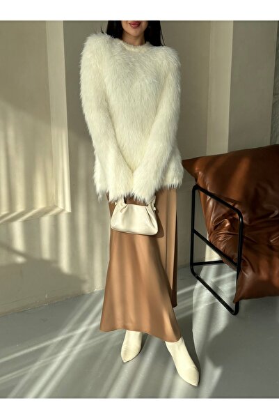 Laluvia Ecru plyšový chlupatý svetr se střapcem - 00022