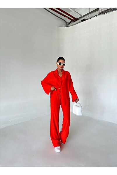 Laluvia Narancssárga texturált ing és nadrág készlet