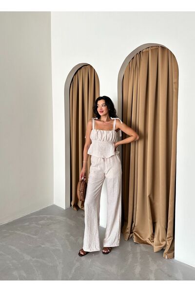 Laluvia Ecru blúz és nadrág szett vastag pántokkal