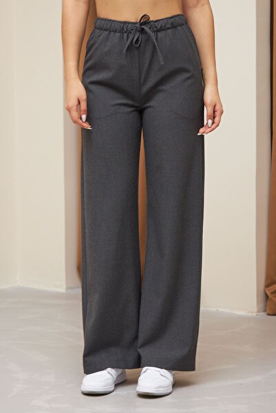 Laluvia Gray Elastic Waist Polyviscon Wide Leg Trousers