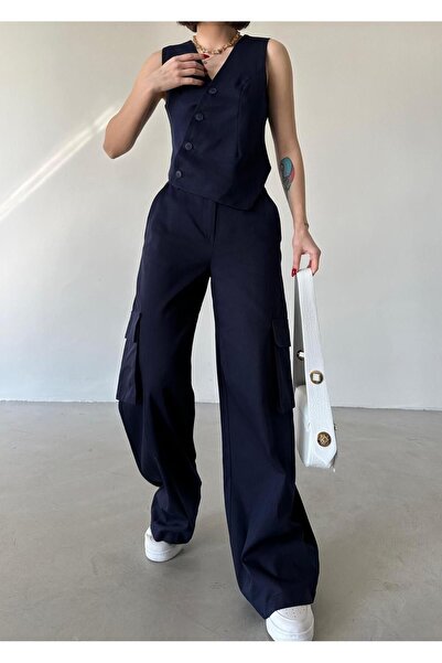 Laluvia Sötétkék aszimmetrikus, gombos mellényzseb részletes nadrág szett