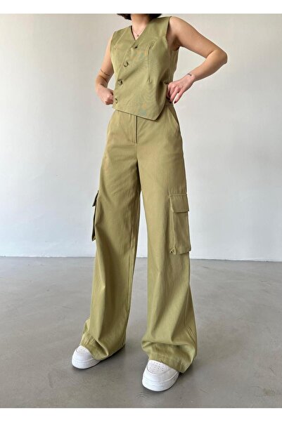 Laluvia Stone Color Asymmetrical Buttoned Vest Pocket Detailed Trousers Set