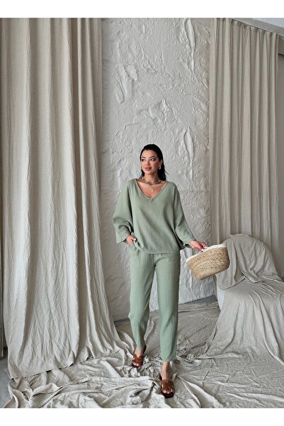 Laluvia Menta V-nyakú, alacsony vállú pamut muszlin szett