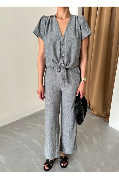 Laluvia Beige V Neck Tie-Up Short Sleeve Shirt Pants Set