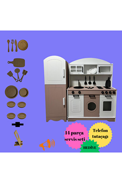 Özka Hobi Ahşap özka boyalı mutfak ve buzdobı tencere,tava seti ve  14 adet servis seti hediyeli