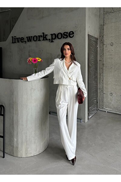 Laluvia Ecru Double Breasted Crop Jacket Palazzo nadrág szett