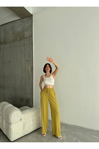 Laluvia Oil Green Elastic Wide Leg Trousers