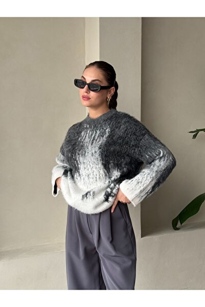 Laluvia Antracitový dvoubarevný vyvýšený svetr- 241158