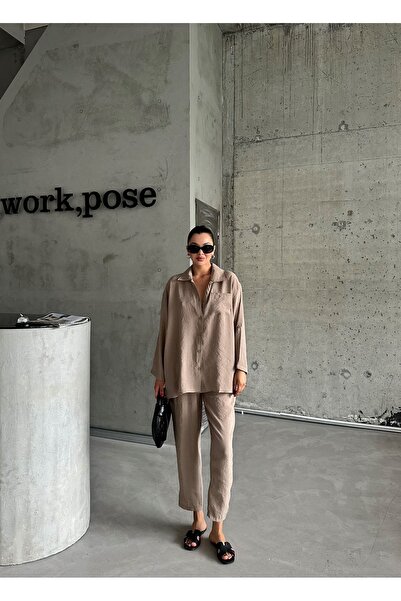 Laluvia Brown Modal Fabric Shirt Trousers Set