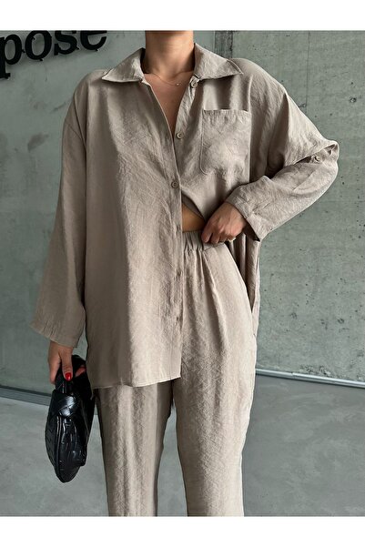 Laluvia Brown Modal Fabric Shirt Trousers Set